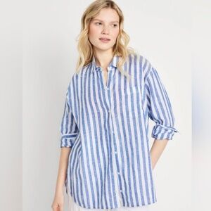 Blue and white linen relaxed fit shirt